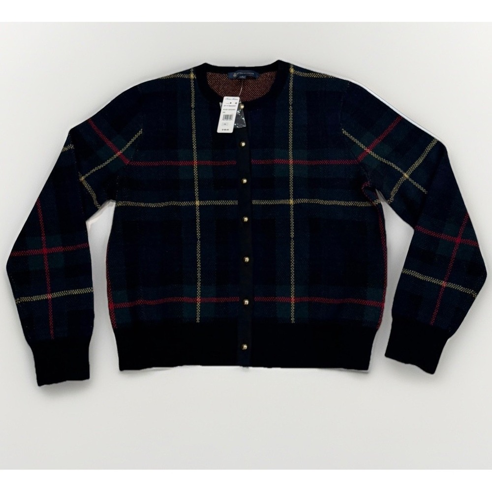 NWT Brooks Brothers Cardigan Women's L Navy Plaid Merino Wool Gold Button Preppy